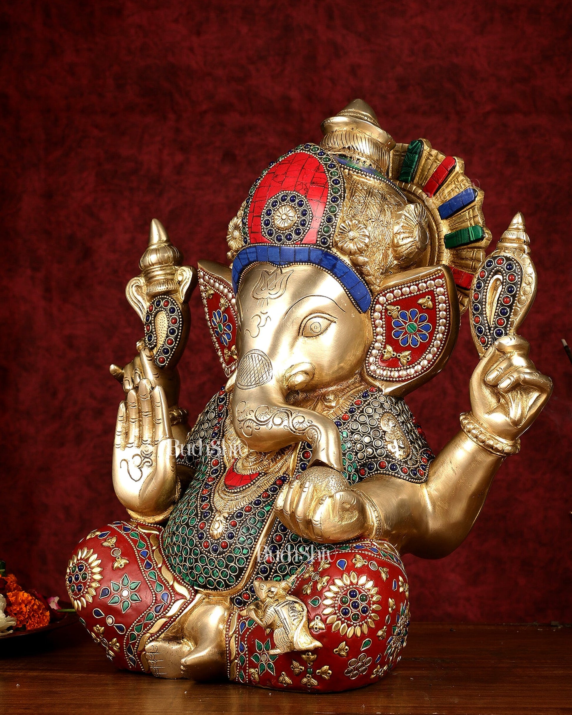 Pure Brass Ganapati Statue multicolour work 15"