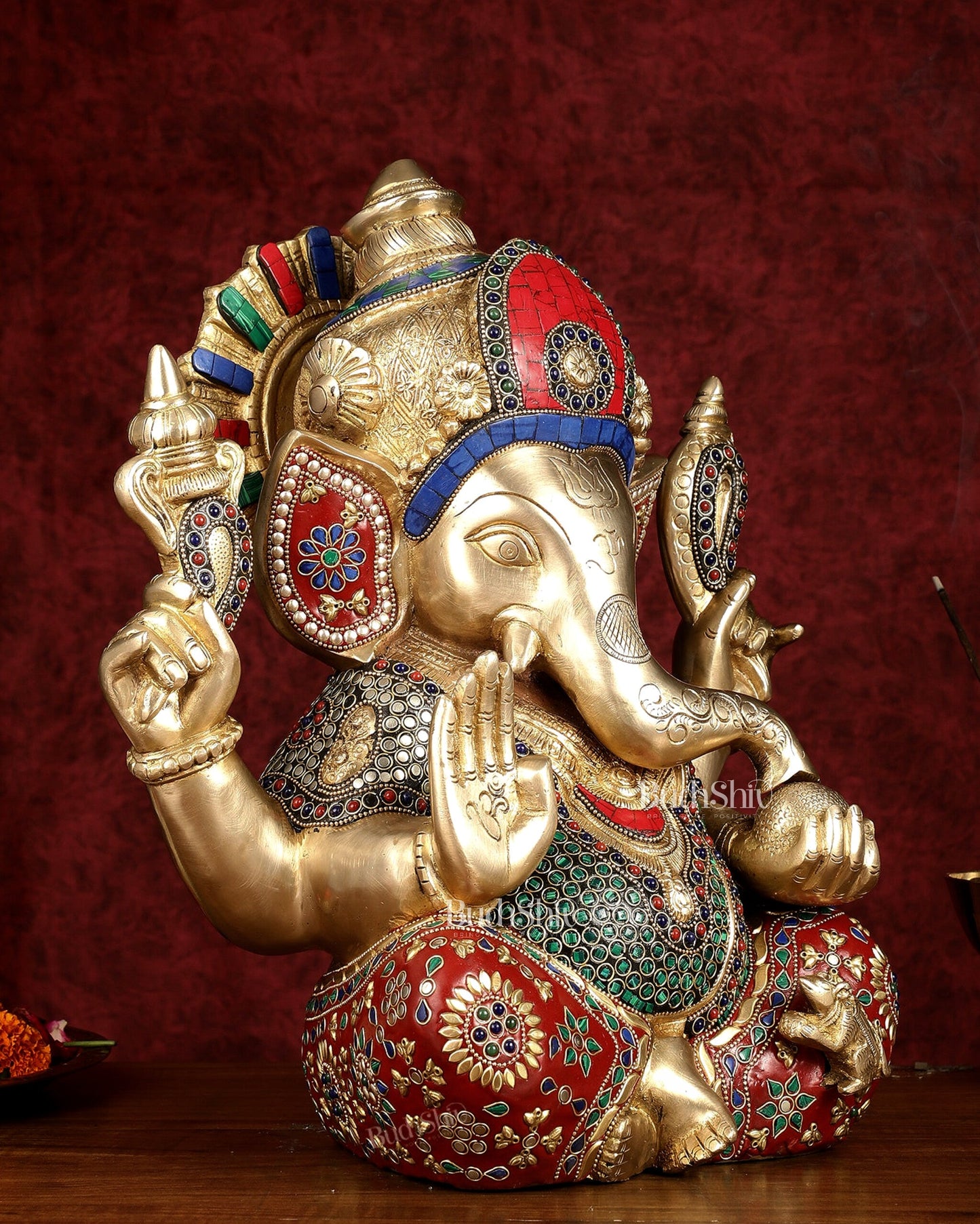 Pure Brass Ganapati Statue multicolour work 15"