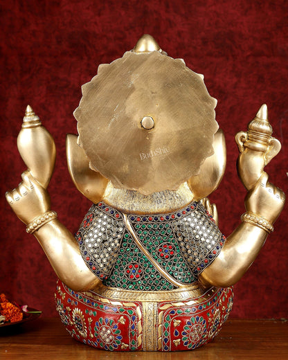 Pure Brass Ganapati Statue multicolour work 15"