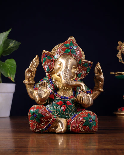 Brass Taj Ganesha Idol with Stonework | Height 7 inch