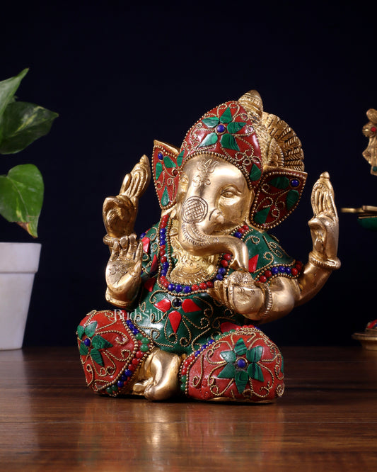 Brass Taj Ganesha Idol with Stonework | Height 7 inch