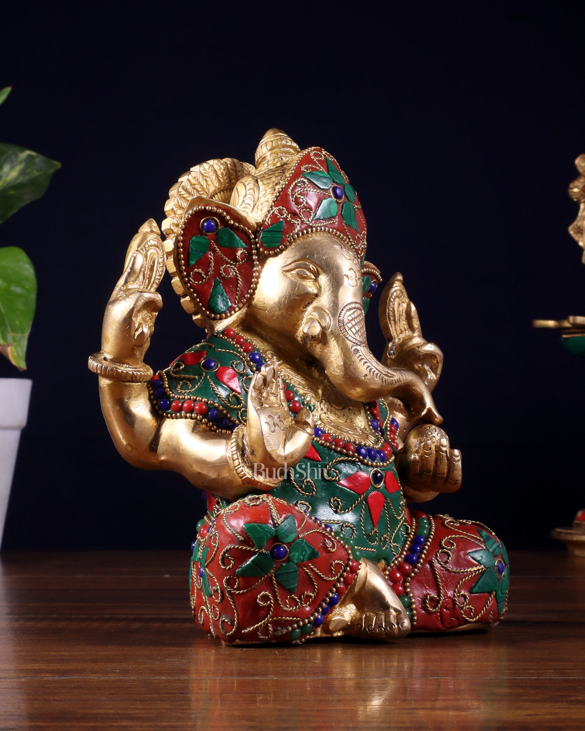 Brass Taj Ganesha Idol with Stonework | Height 7 inch