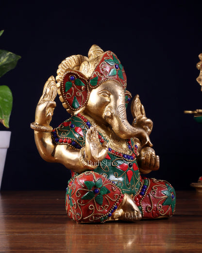 Brass Taj Ganesha Idol with Stonework | Height 7 inch
