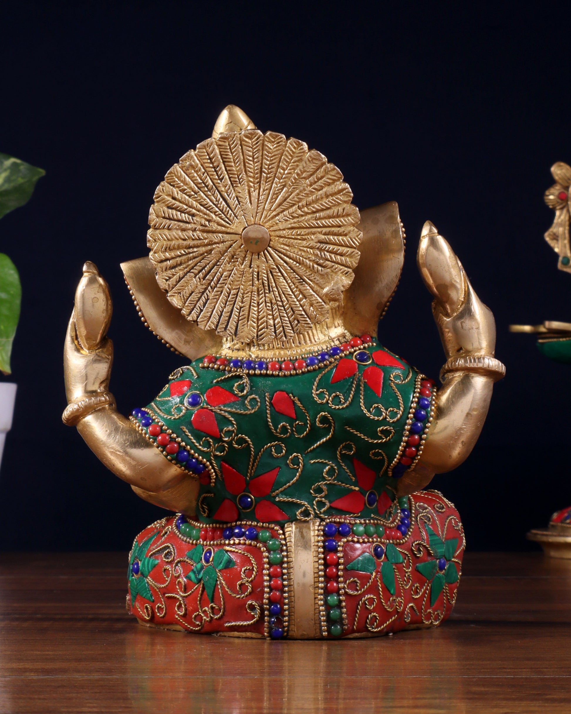 Brass Taj Ganesha Idol with Stonework | Height 7 inch