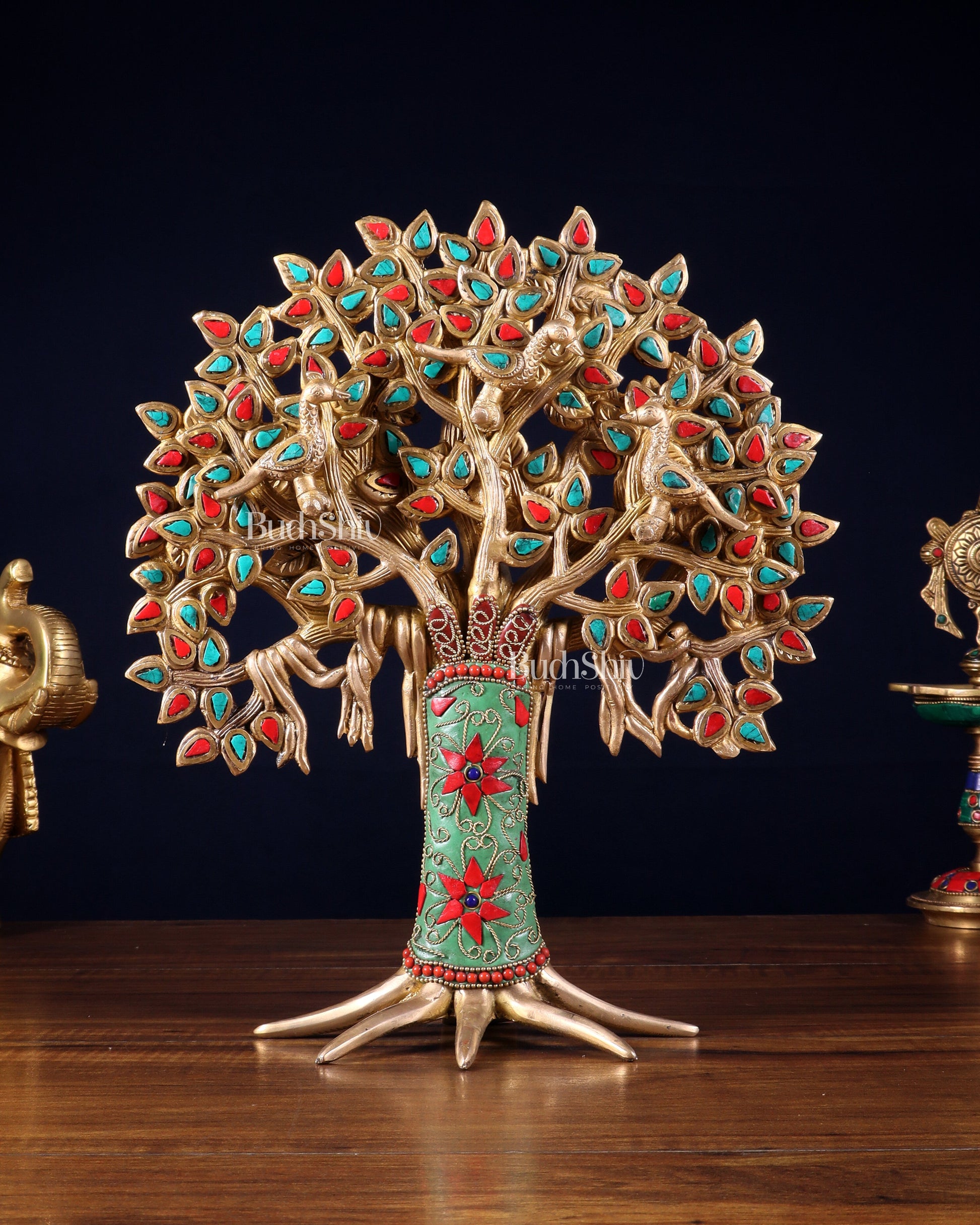 Exquisite Brass Kalpavriksha Tree of Life Showpiece - Table Standing | Height 12" with stonework