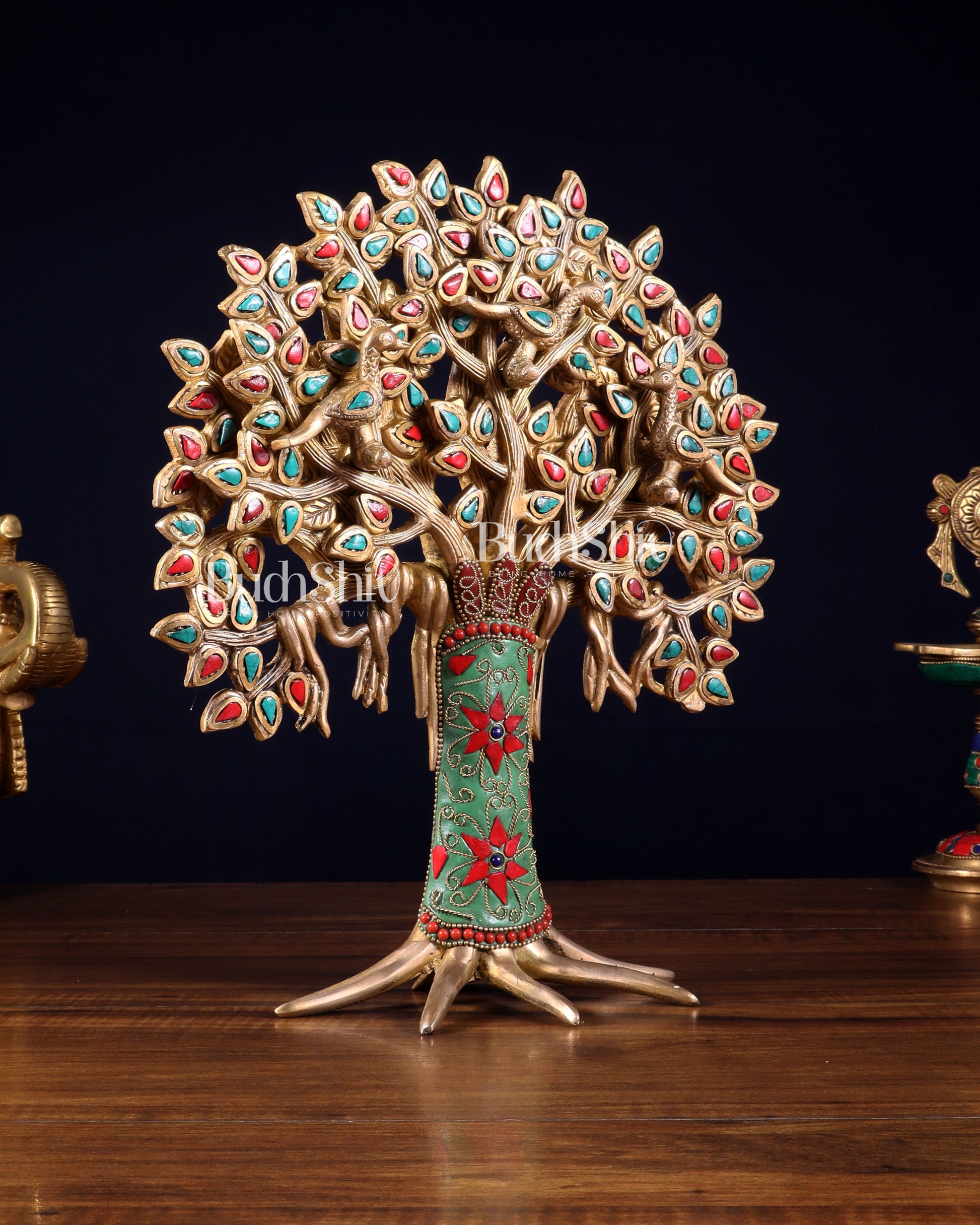 Exquisite Brass Kalpavriksha Tree of Life Showpiece - Table Standing | Height 12" with stonework