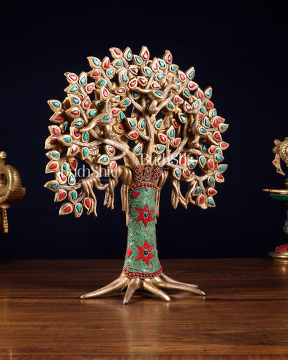 Exquisite Brass Kalpavriksha Tree of Life Showpiece - Table Standing | Height 12" with stonework