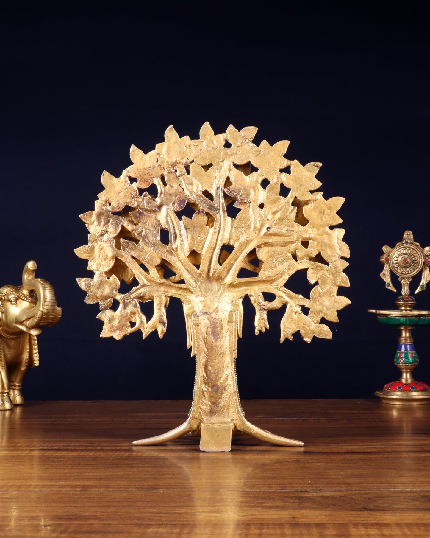 Exquisite Brass Kalpavriksha Tree of Life Showpiece - Table Standing | Height 12" with stonework
