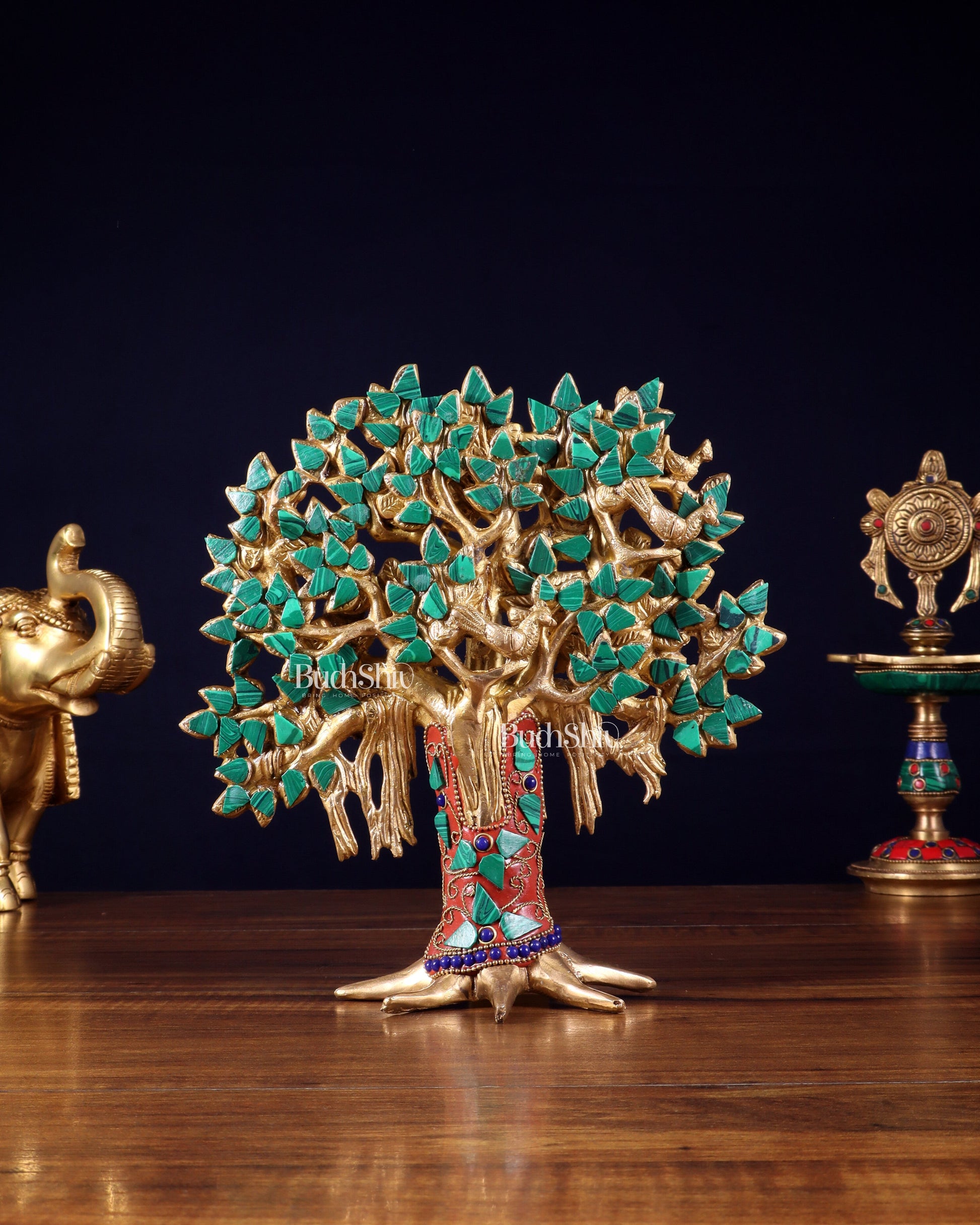 Pure Brass Handcrafted Kalpavriksha Tree - Table Standing 9" stonework