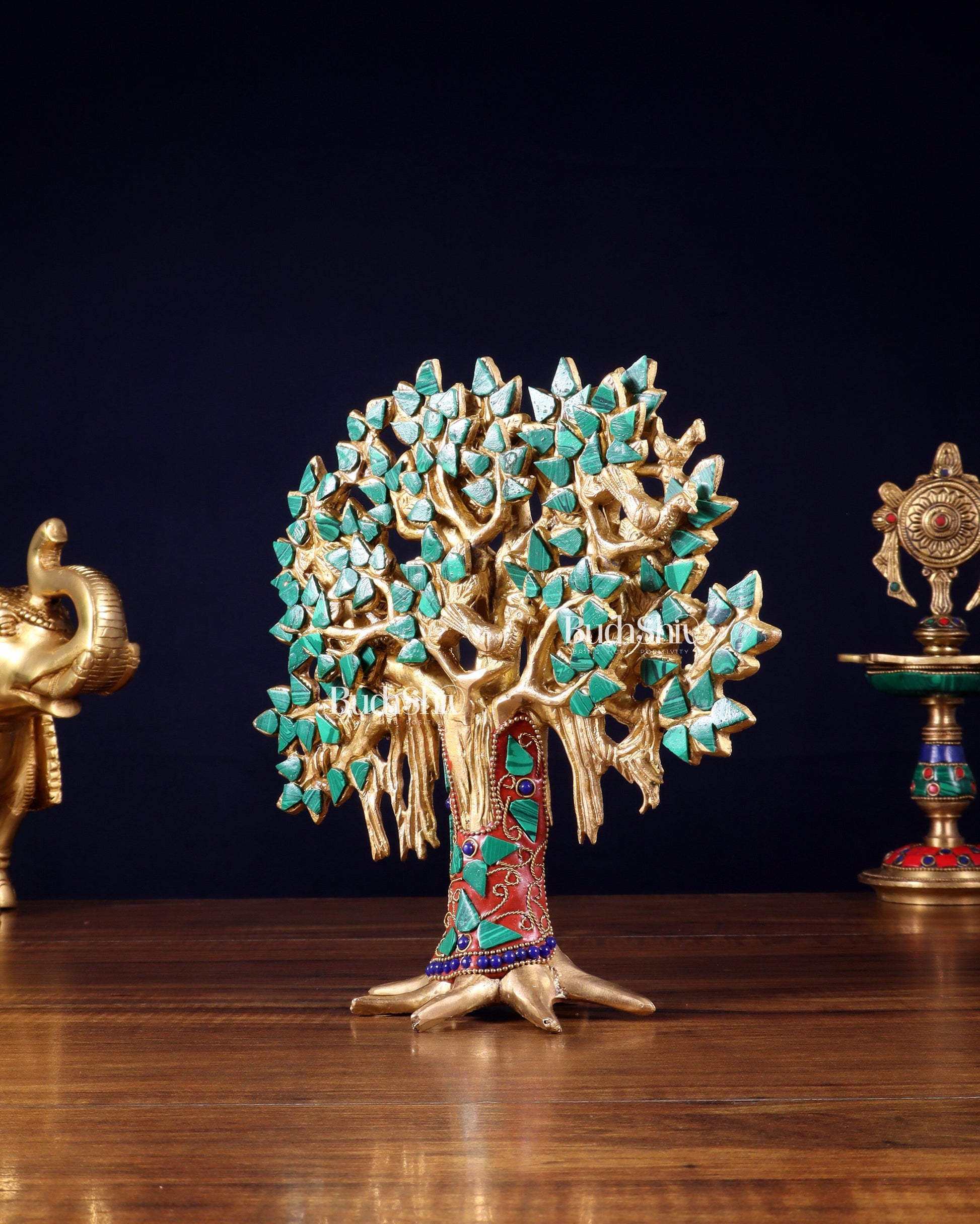 Pure Brass Handcrafted Kalpavriksha Tree - Table Standing 9" stonework