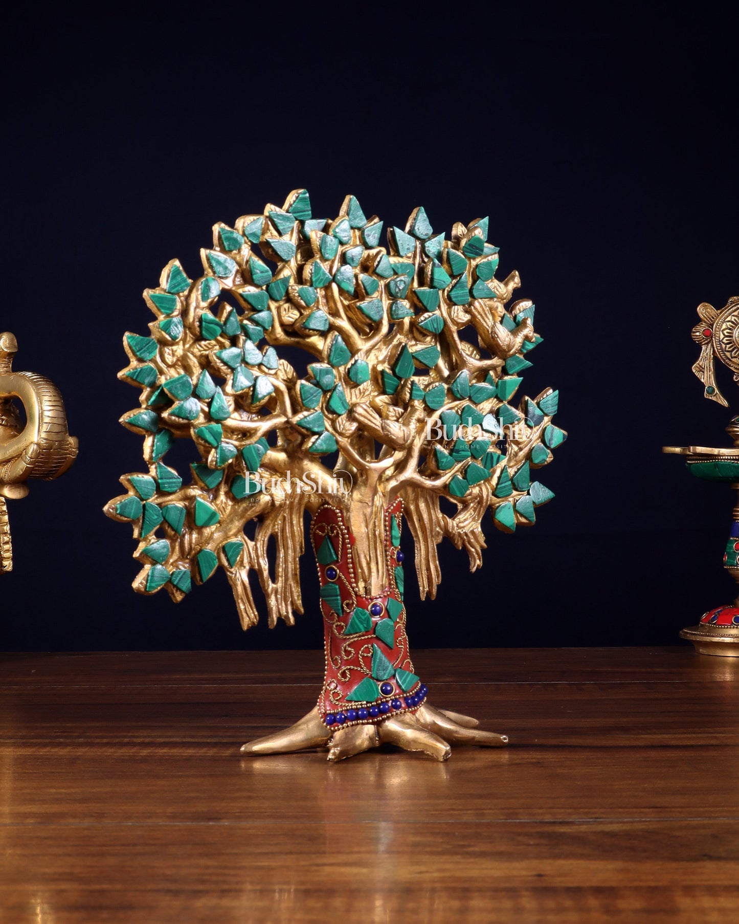 Pure Brass Handcrafted Kalpavriksha Tree - Table Standing 9" stonework