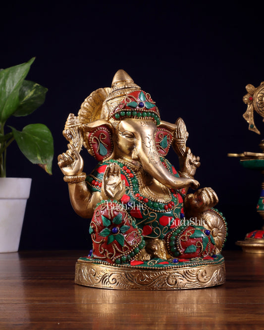 Pure Brass Relaxing Lord Ganesha Statue with Meenakari Stonework 6.5"