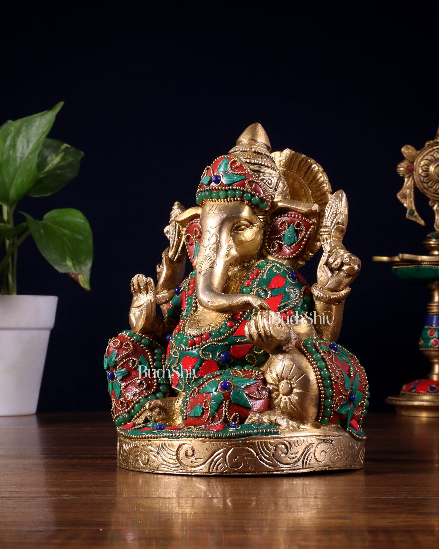 Pure Brass Relaxing Lord Ganesha Statue with Meenakari Stonework 6.5"