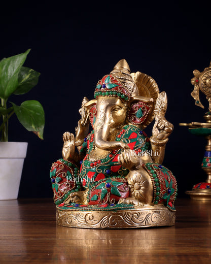 Pure Brass Relaxing Lord Ganesha Statue with Meenakari Stonework 6.5"