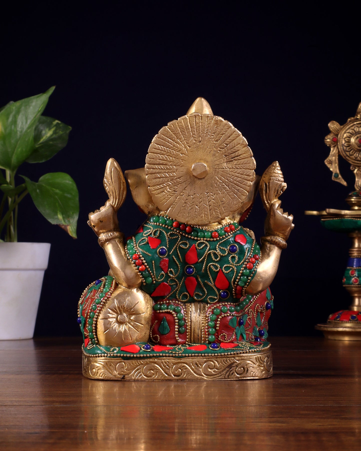 Pure Brass Relaxing Lord Ganesha Statue with Meenakari Stonework 6.5"