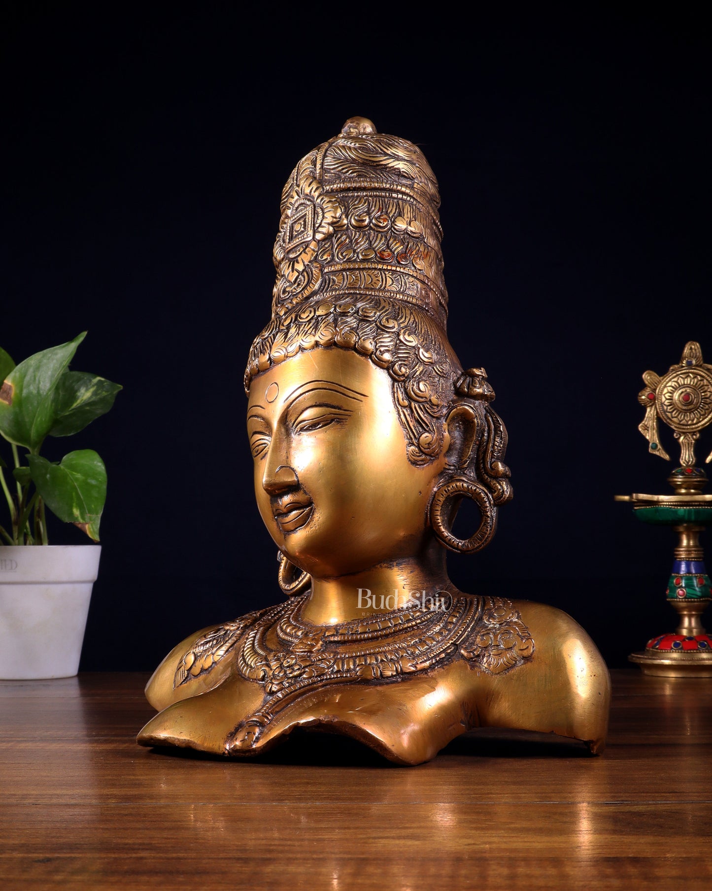 Brass Parvati face Bust table accent 12" Burnt brass tone