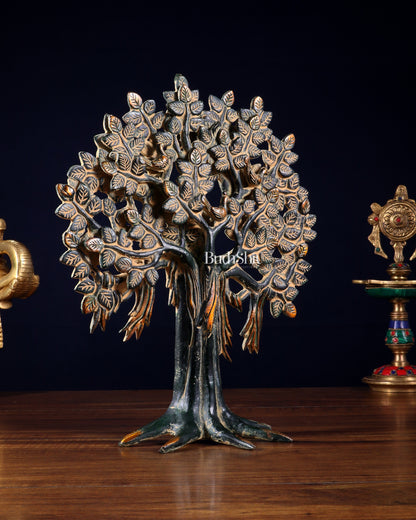 Pure Brass Handcrafted Kalpavriksha Tree - Table Standing - 11" vintage green sand patina