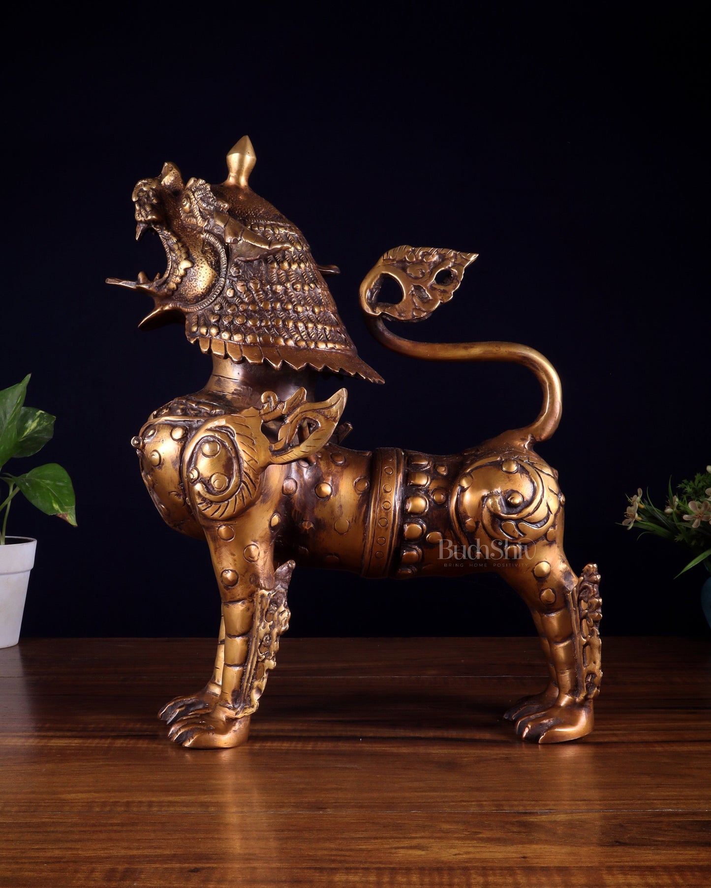 Vintage Brass Tibetan Snow Lion Statue 14.5 inch