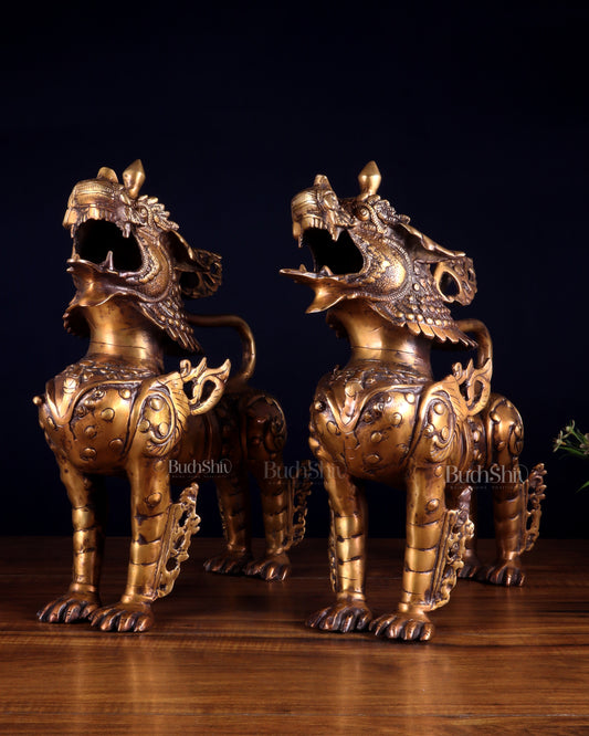 Pair of Vintage Brass Tibetan Snow Lion Statues 14.5 inch