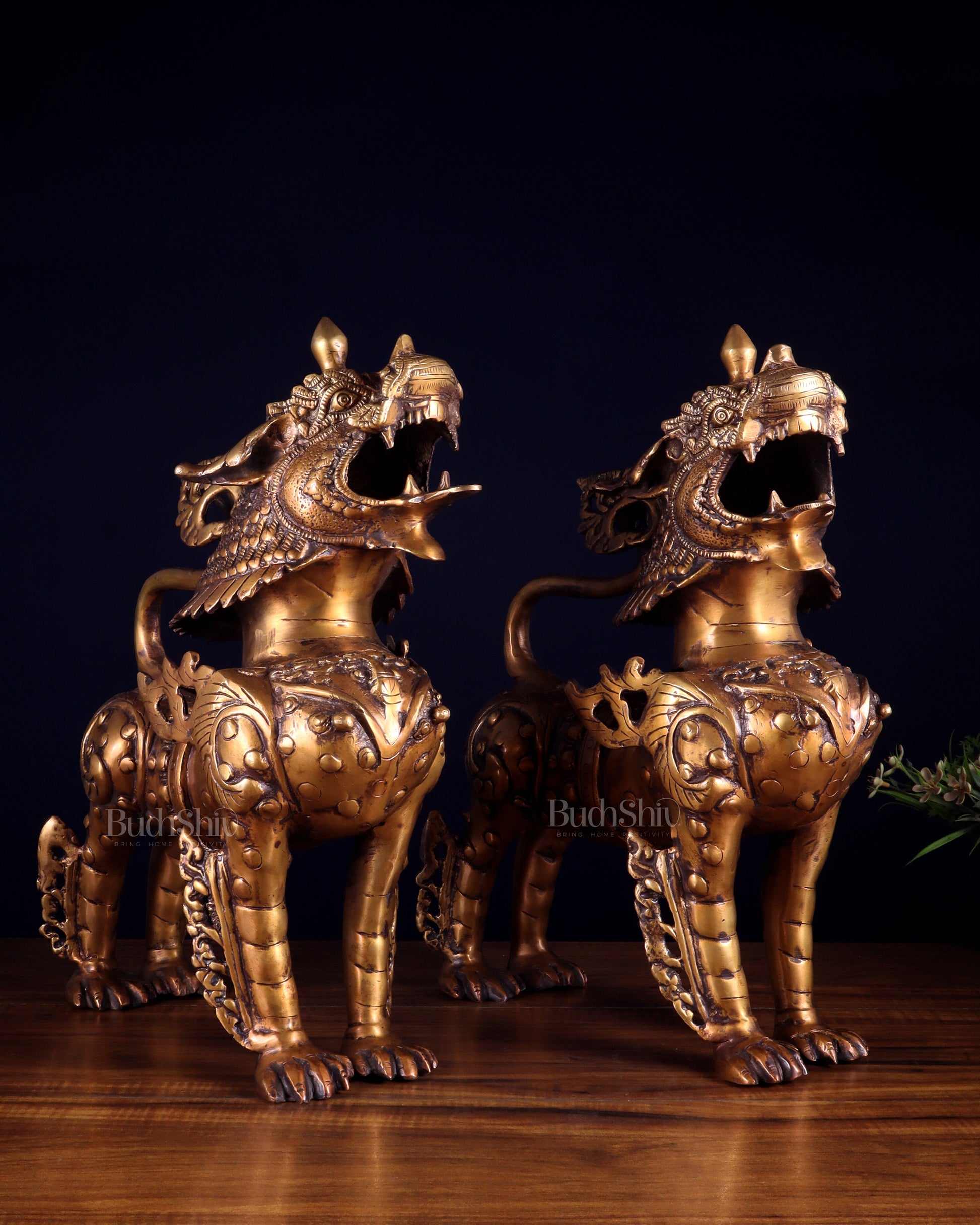 Pair of Vintage Brass Tibetan Snow Lion Statues 14.5 inch