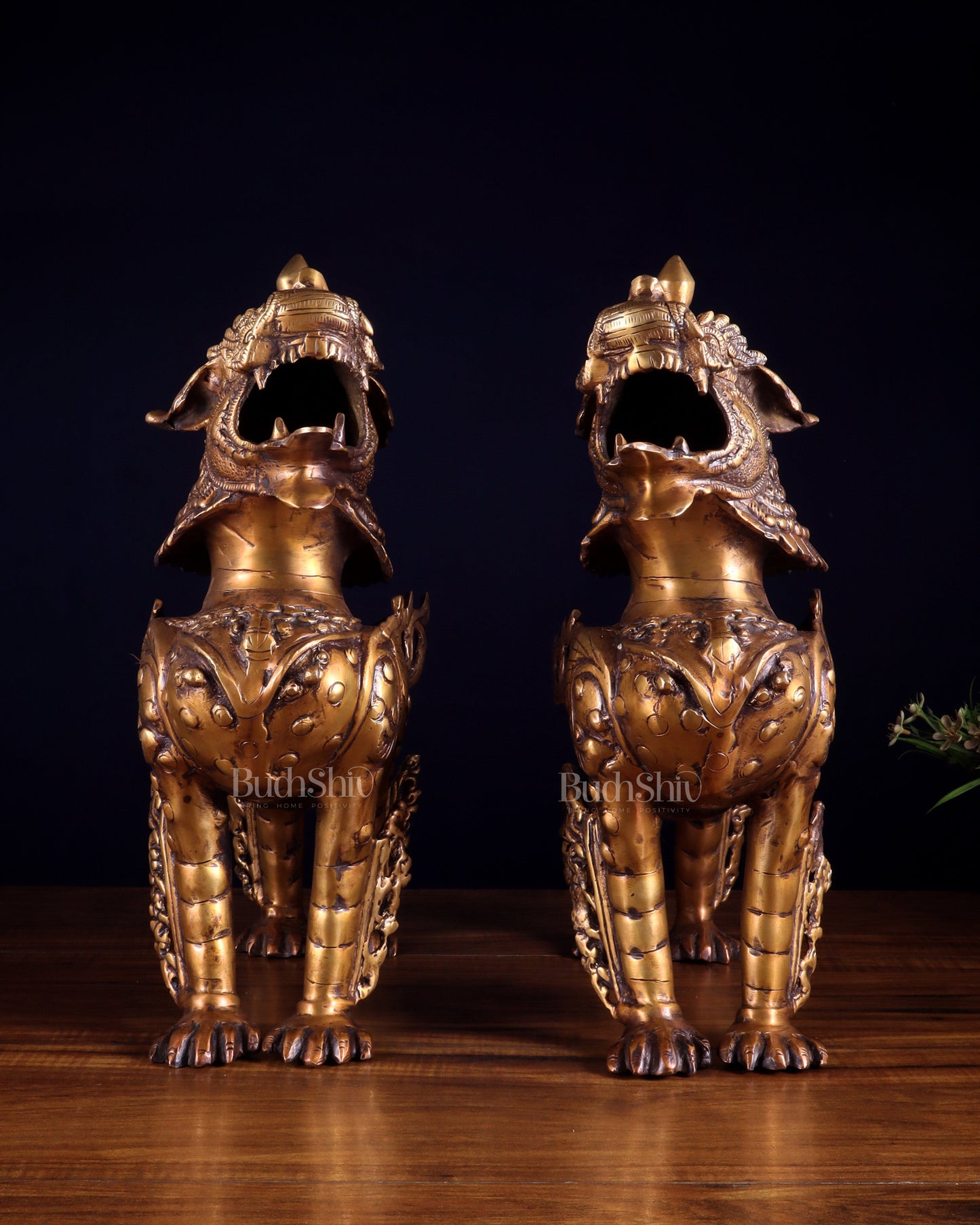 Pair of Vintage Brass Tibetan Snow Lion Statues 14.5 inch