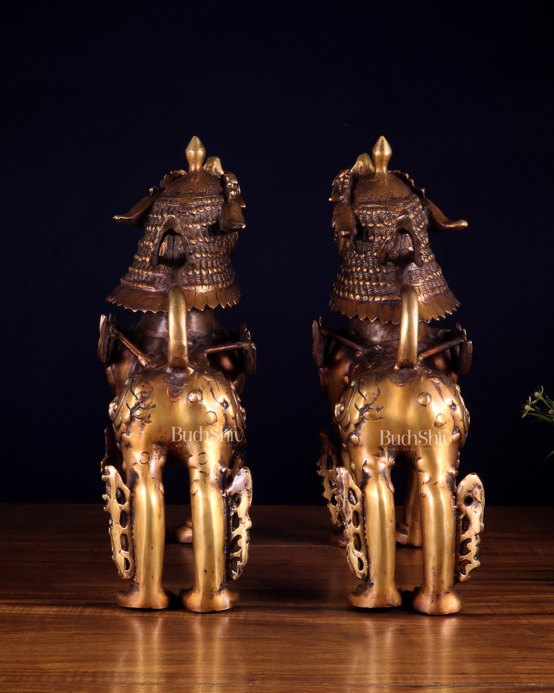 Pair of Vintage Brass Tibetan Snow Lion Statues 14.5 inch