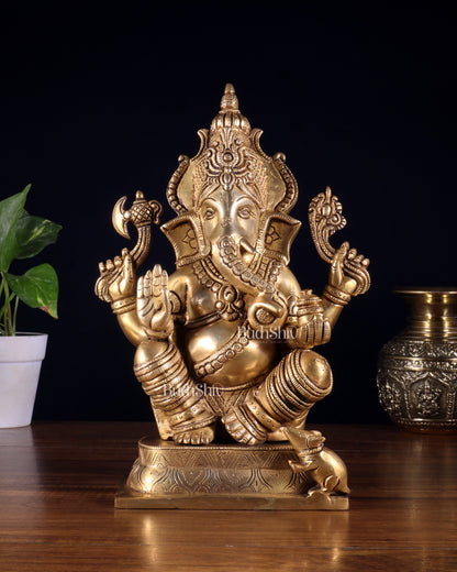 Brass Ganesha Idol - 11.5 Inch Statue enhanced carvings