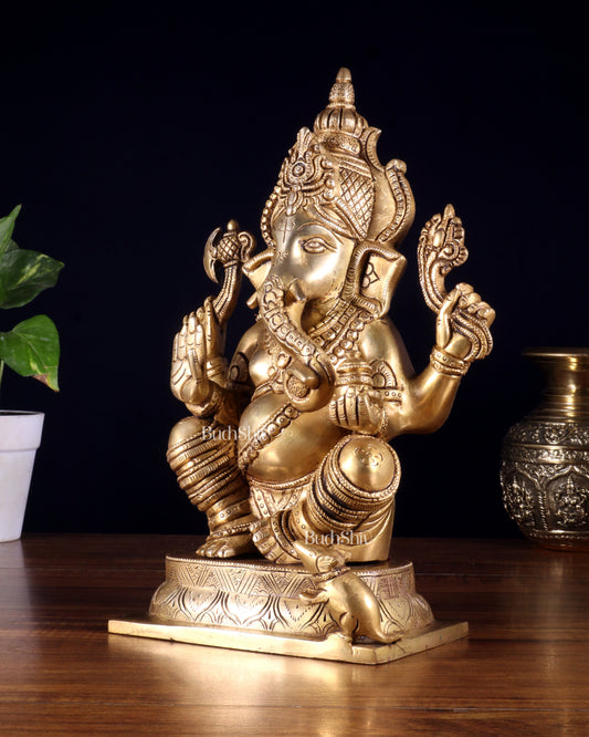 Brass Ganesha Idol - 11.5 Inch Statue enhanced carvings