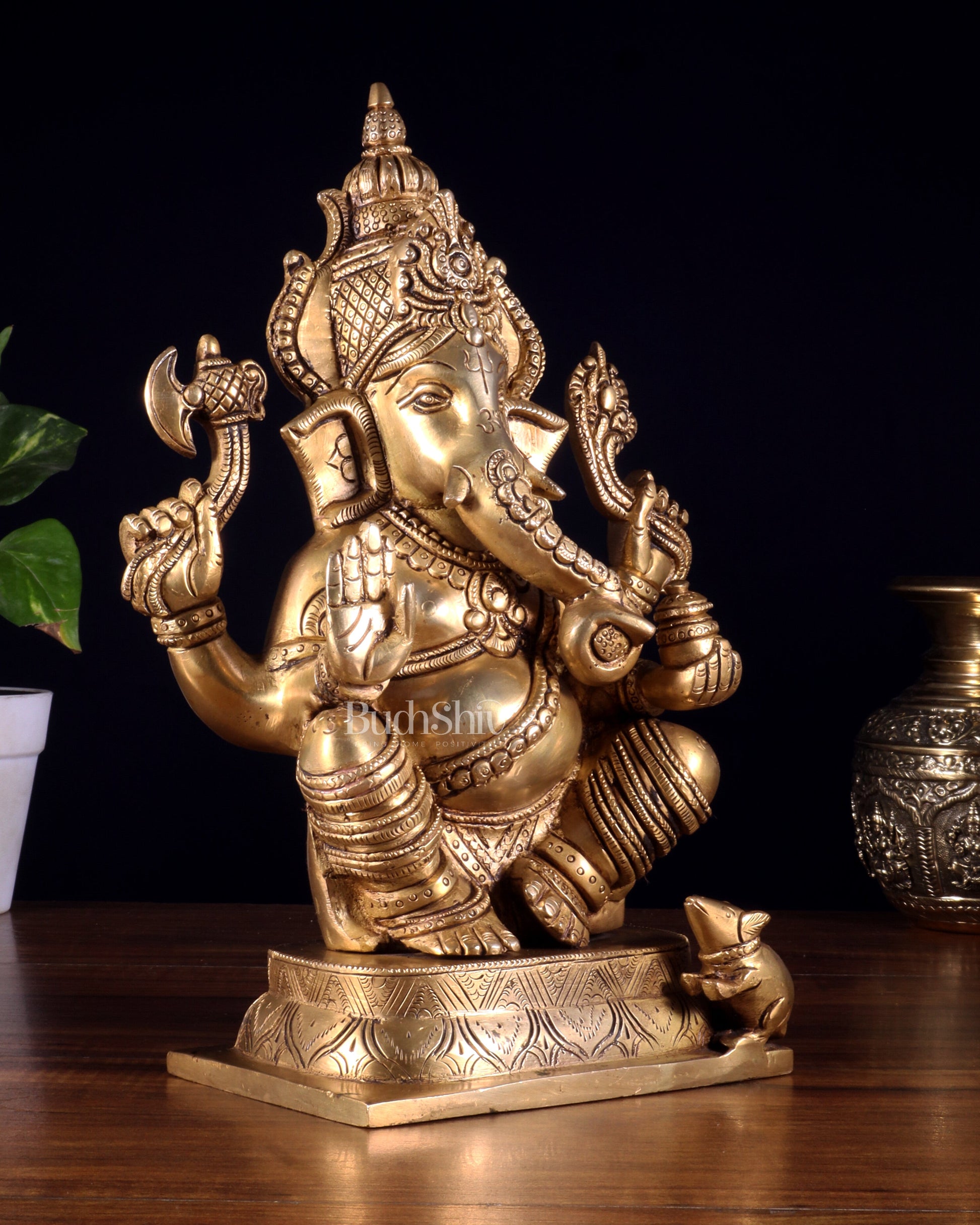Brass Ganesha Idol - 11.5 Inch Statue enhanced carvings