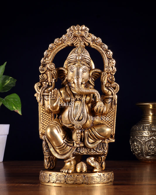 Pure Brass Lord Ganesha Seated on a Throne Statue 10"