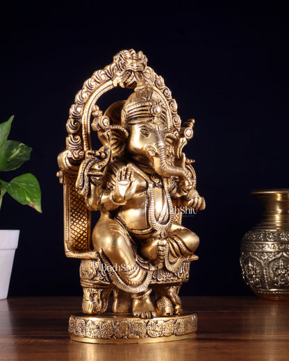 Pure Brass Lord Ganesha Seated on a Throne Statue 10"
