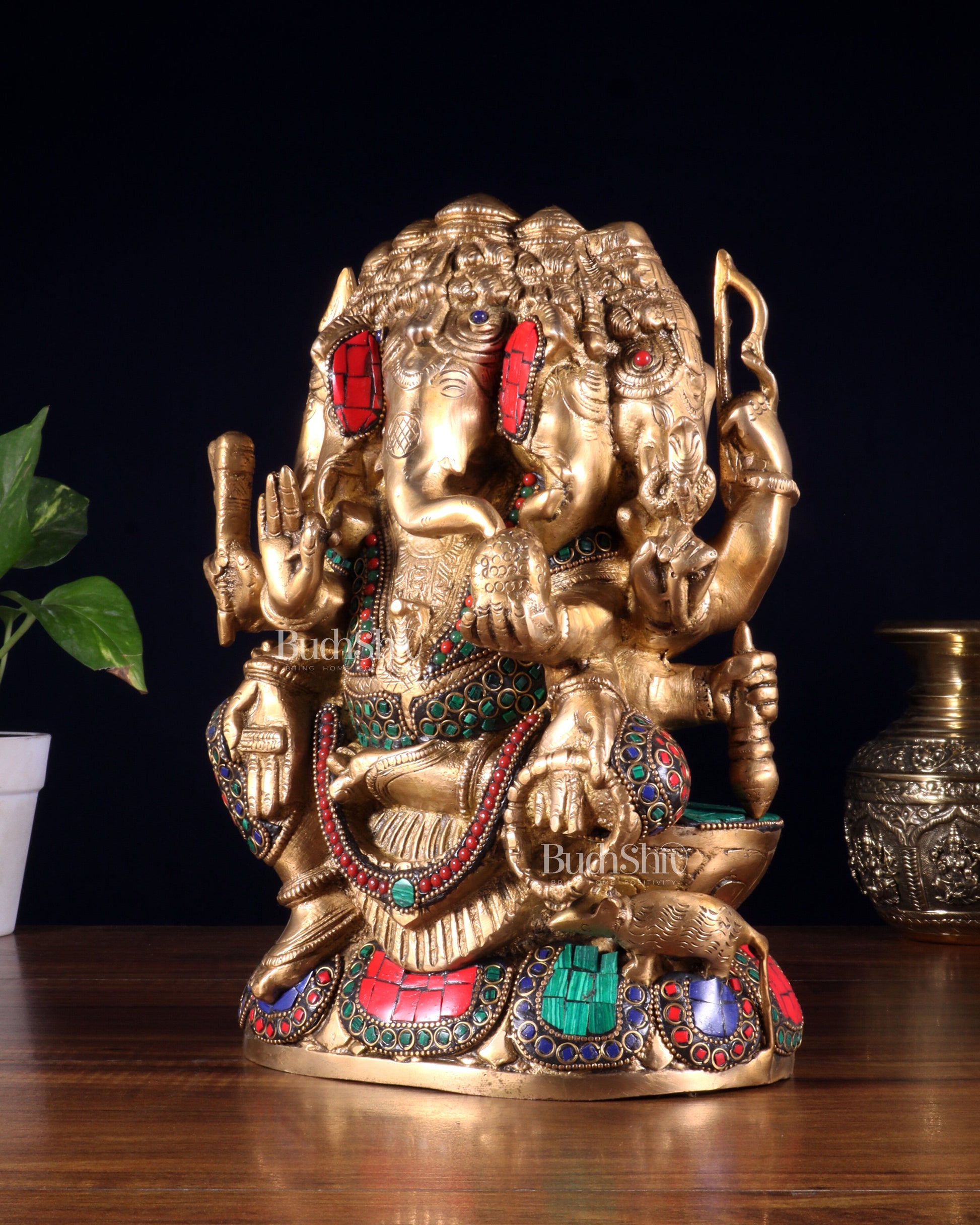 Pure Brass Superfine Panchmukhi Ganesha Statue - 11 inch Five faced ganesha statue