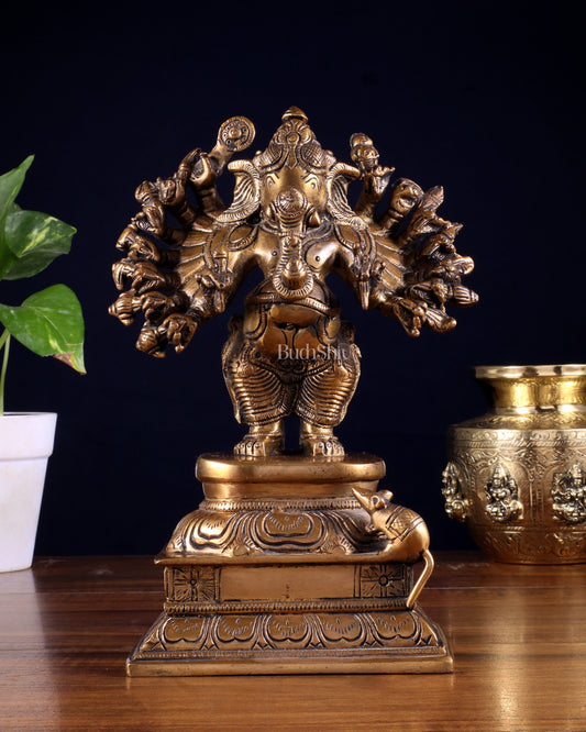 Brass Standing Lord Ganesha Idol with 16 Arms - 8.5 Inch