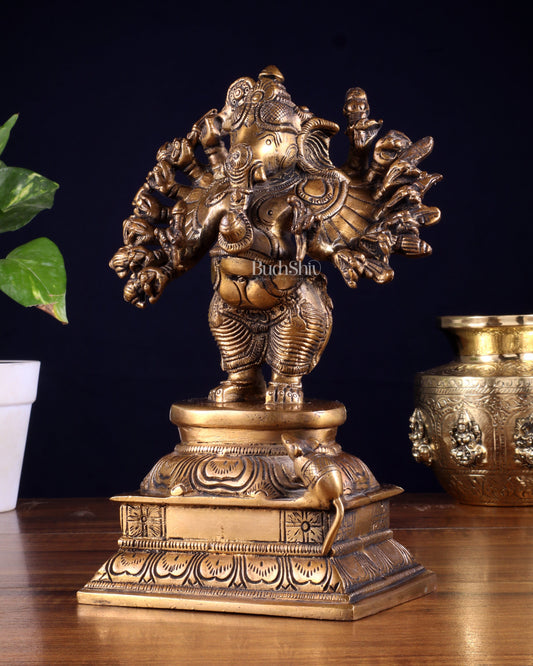 Brass Standing Lord Ganesha Idol with 16 Arms - 8.5 Inch