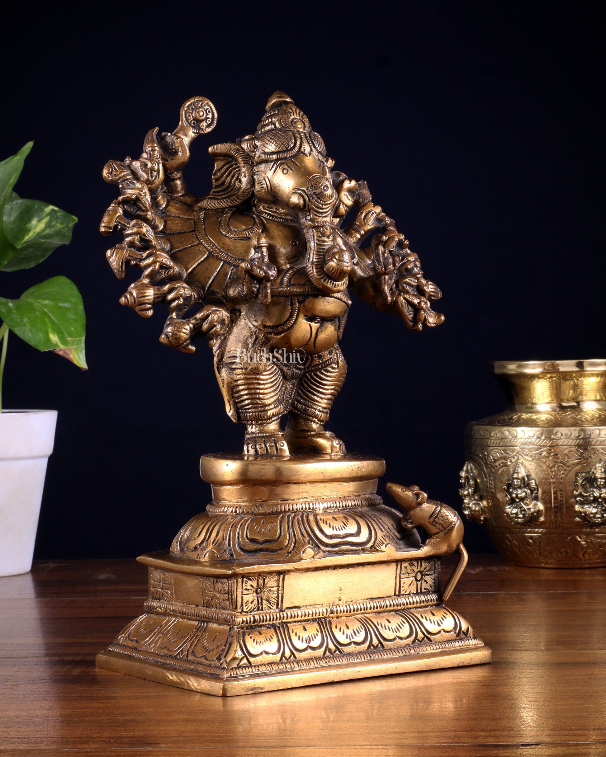Brass Standing Lord Ganesha Idol with 16 Arms - 8.5 Inch