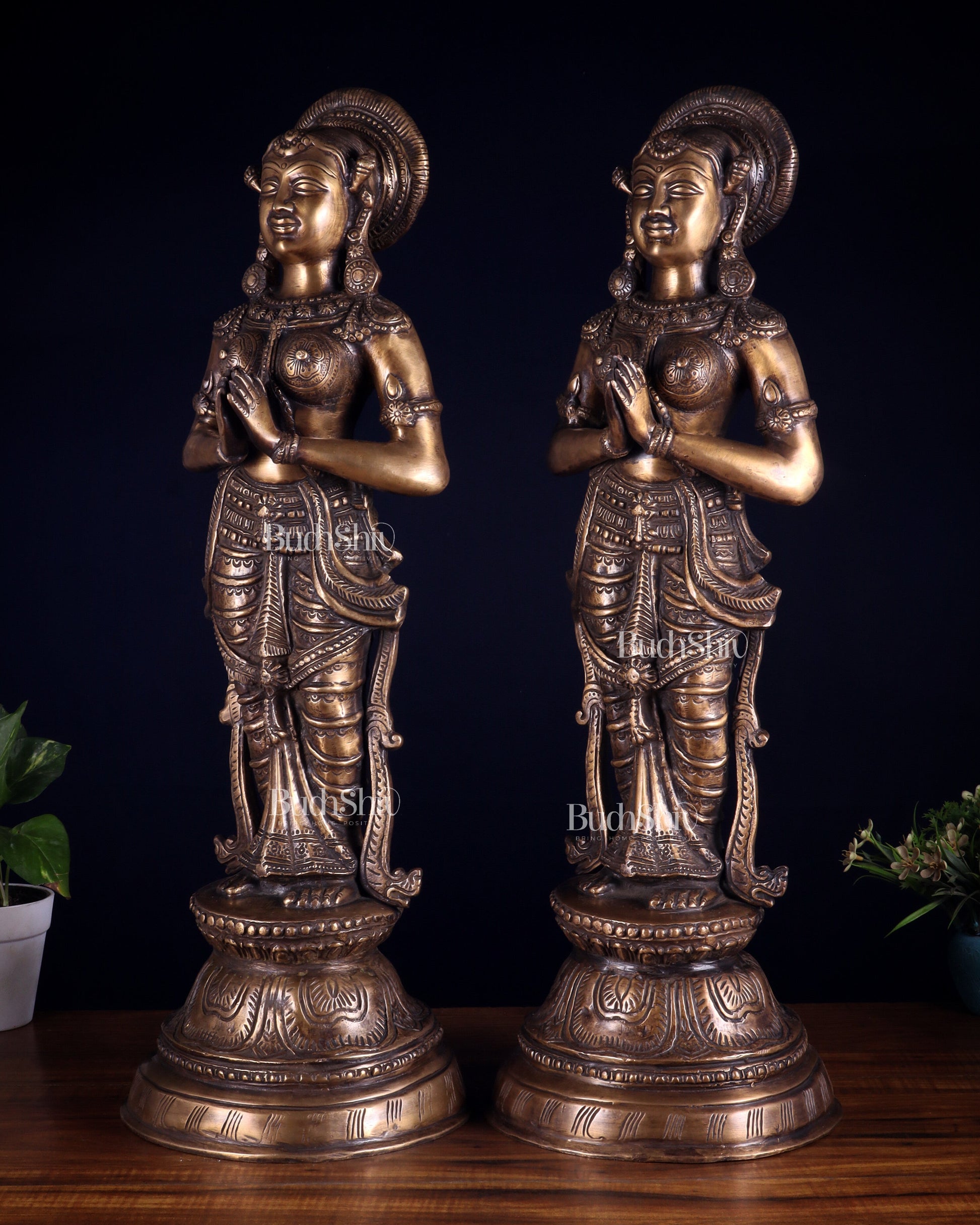 Vintage Brass Namaste Welcome Ladies – Pair