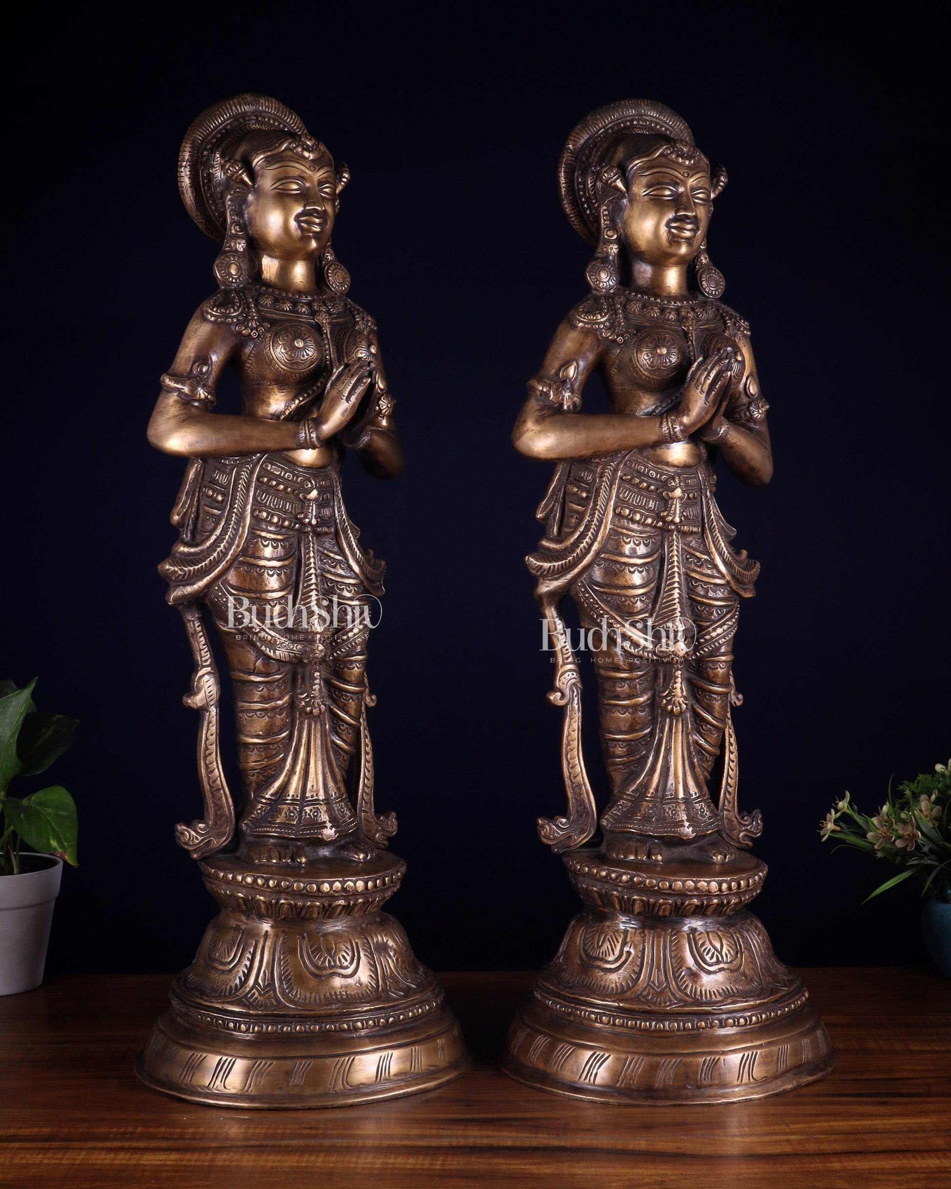Vintage Brass Namaste Welcome Ladies – Pair