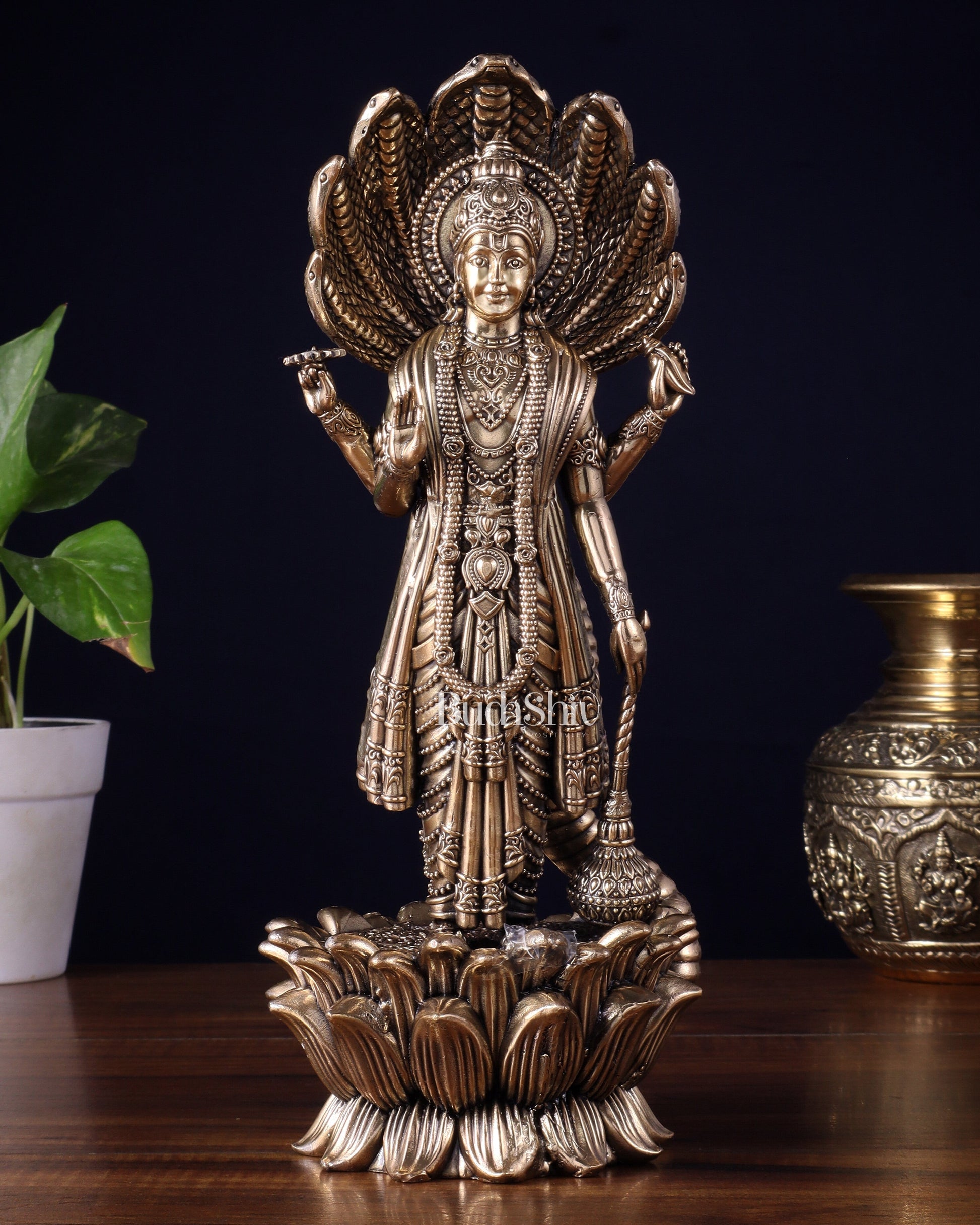 Pure Brass Lord Vishnu Standing with Sheshanaag – Superfine Carvings 11.5 inch