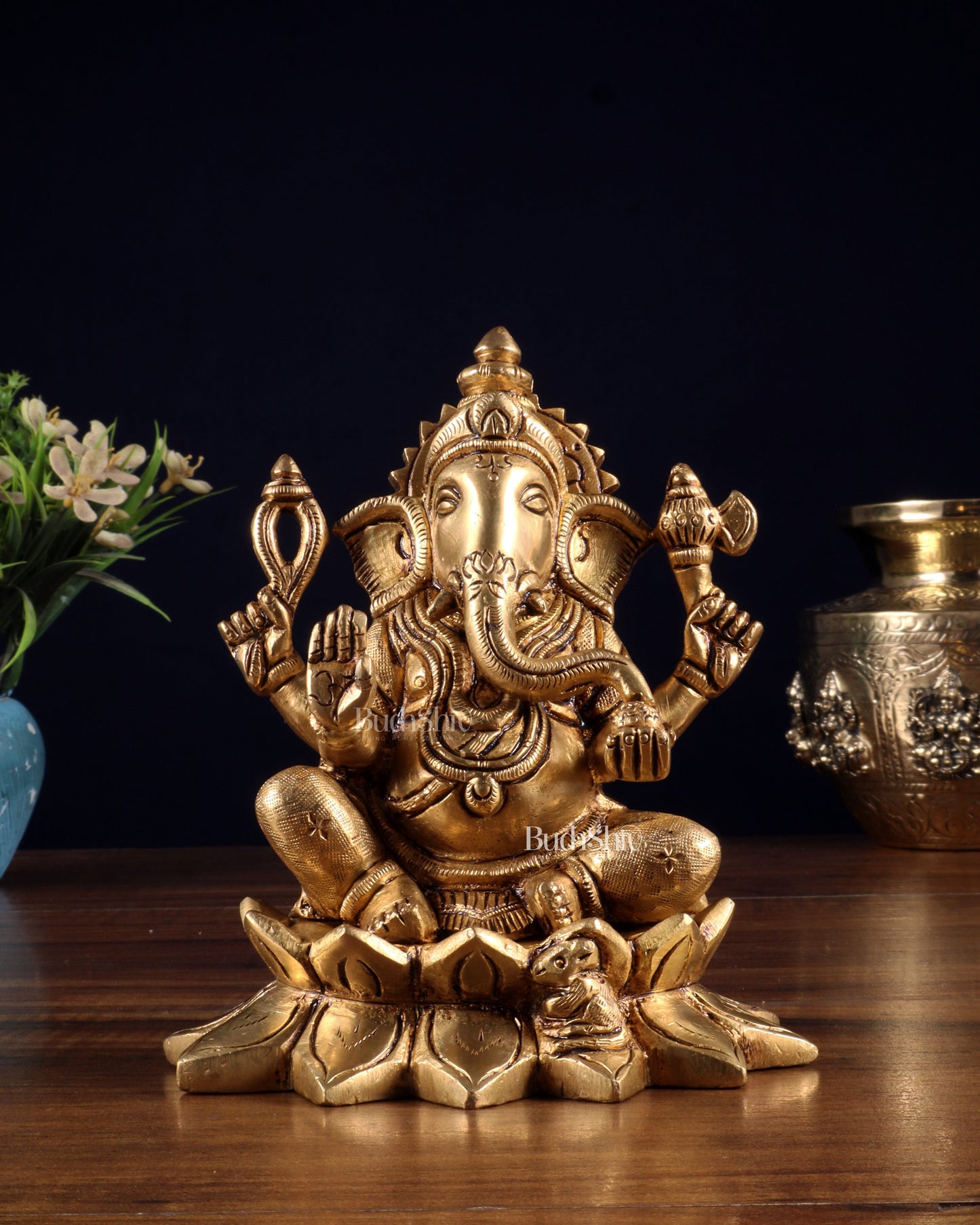 Pure Brass Ganesha in Lotus Base Idol - 5.5"