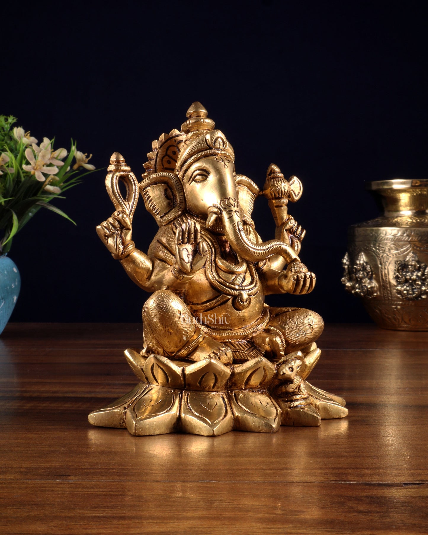 Pure Brass Ganesha in Lotus Base Idol - 5.5"