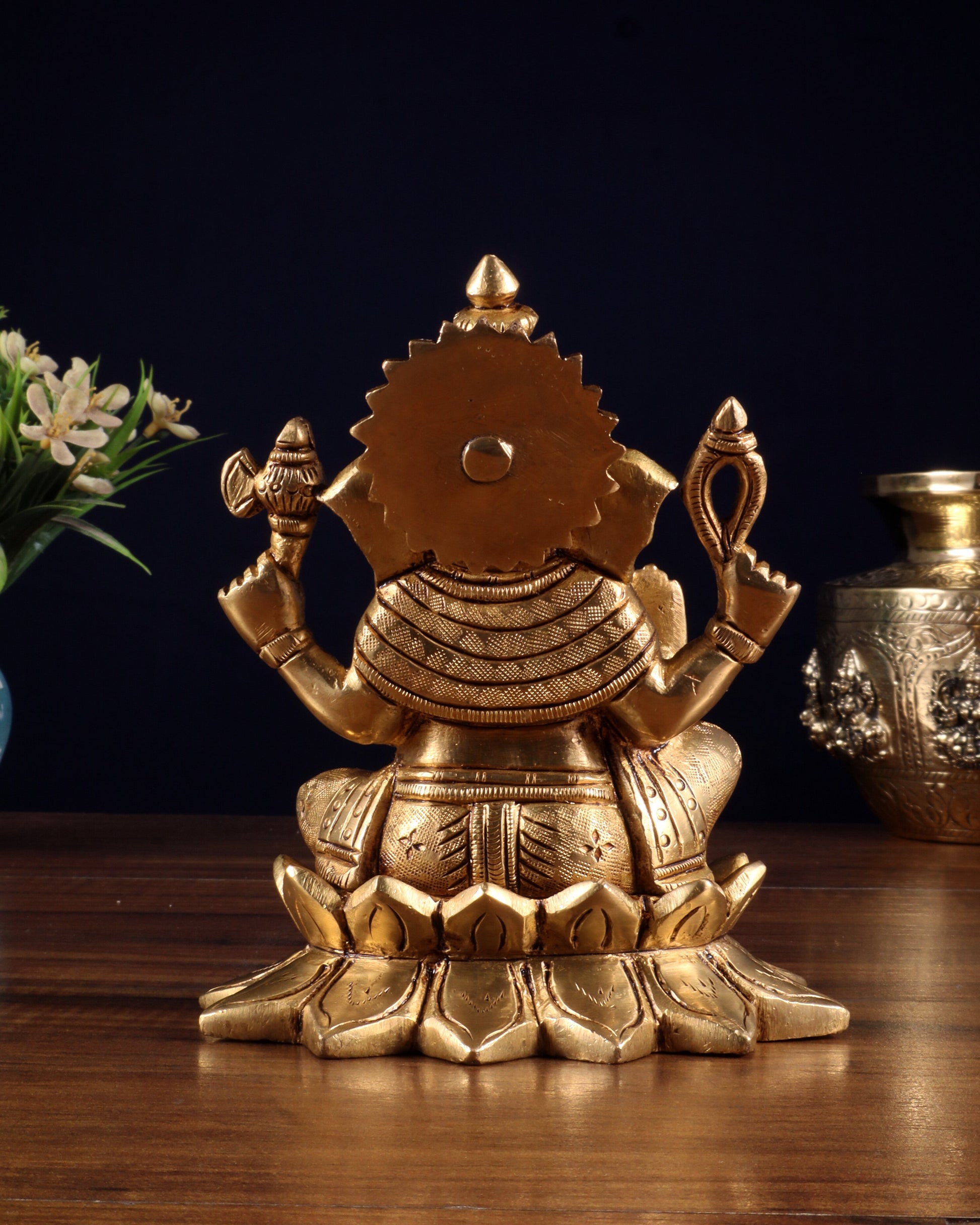 Pure Brass Ganesha in Lotus Base Idol - 5.5"