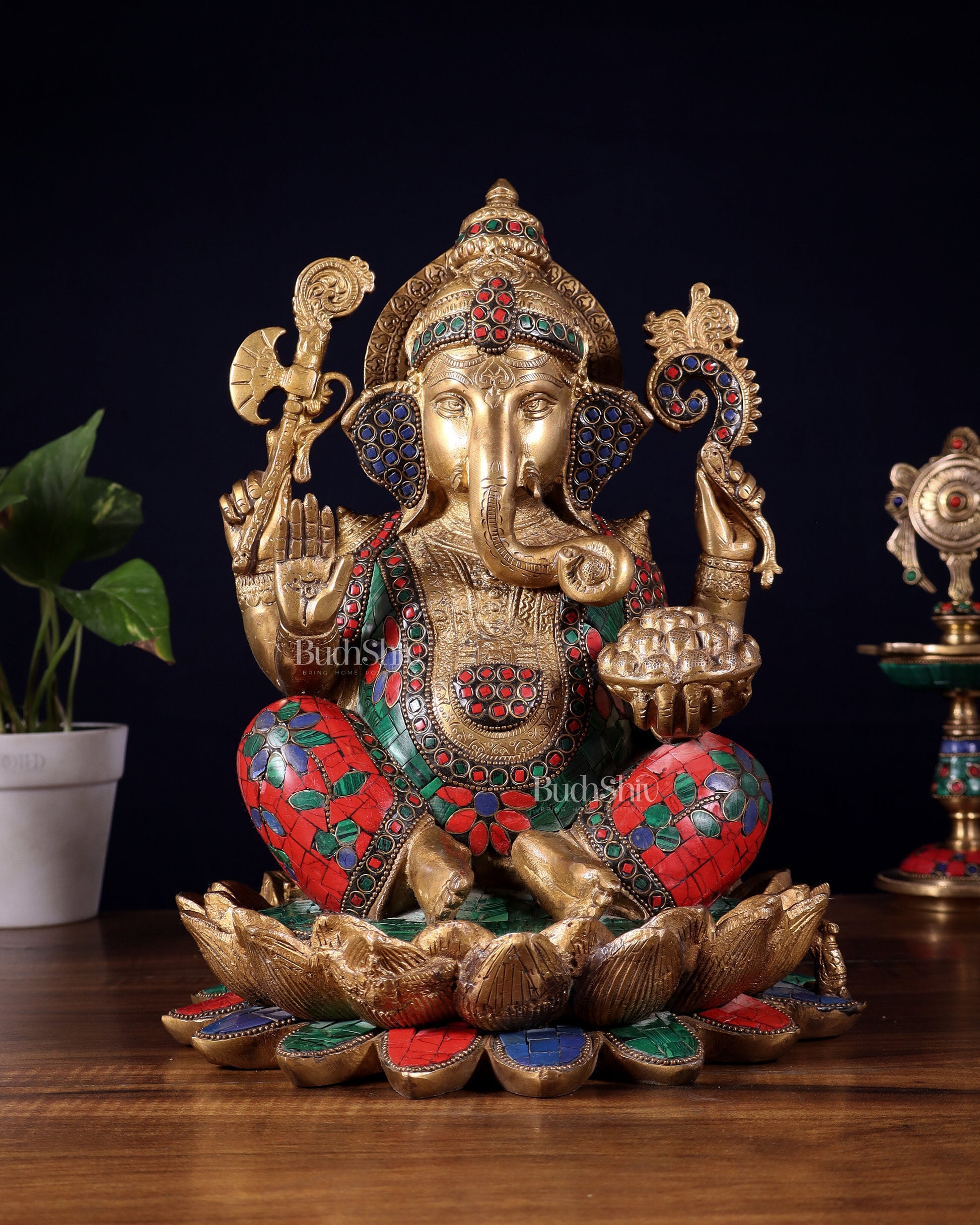 Pure Brass Ganesha Idol Seated on Lotus base  | 12"