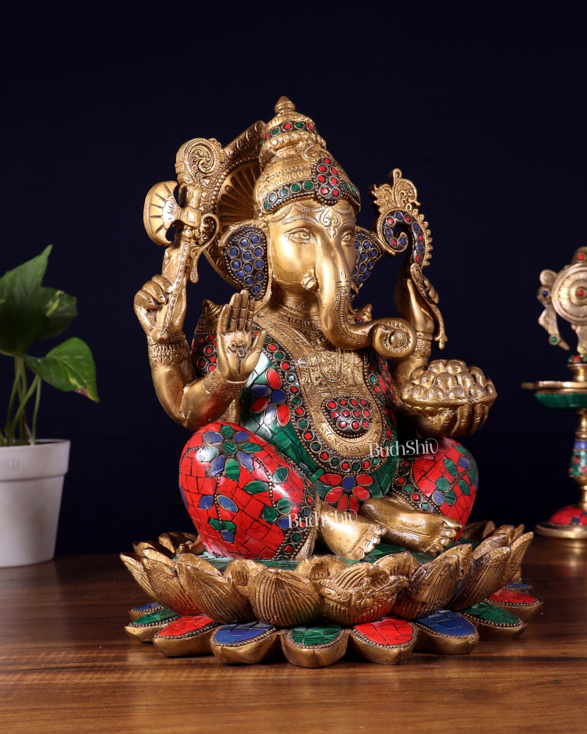 Pure Brass Ganesha Idol Seated on Lotus base  | 12"
