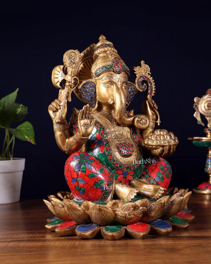 Pure Brass Ganesha Idol Seated on Lotus base  | 12"