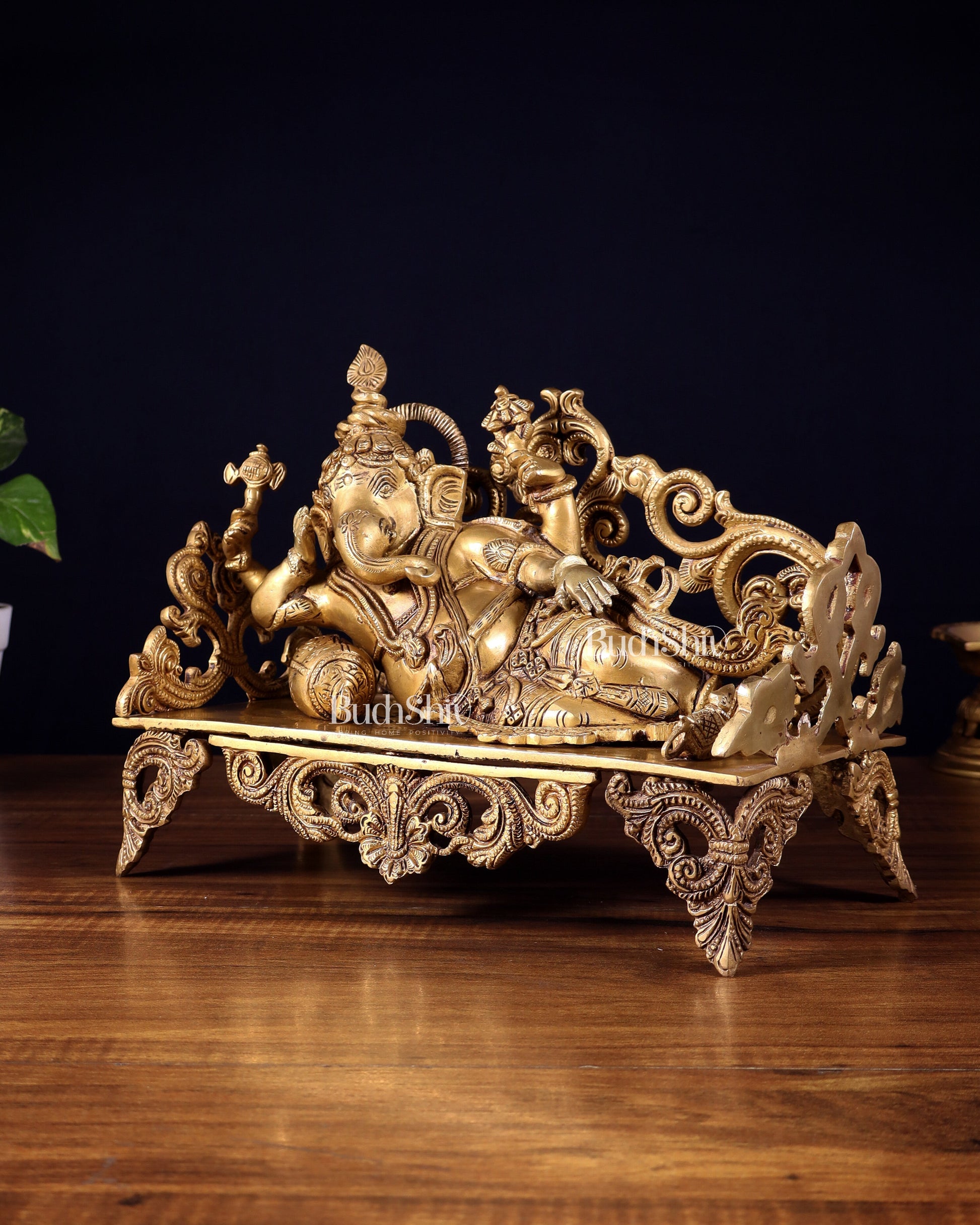 Pure Brass Resting Ganesha Statue 14"