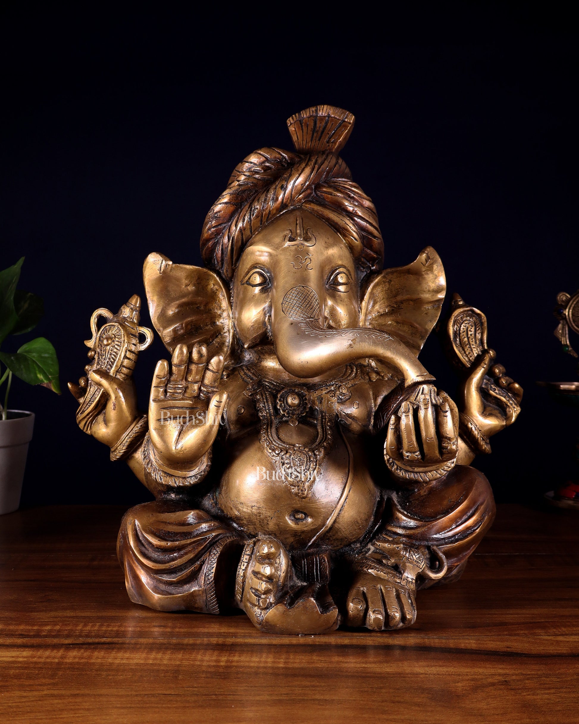 Brass Ganesha vintage statue wearing a turban idol 14"