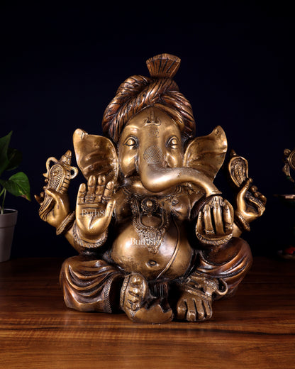 Brass Ganesha vintage statue wearing a turban idol 14"