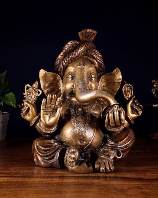 Brass Ganesha vintage statue wearing a turban idol 14"
