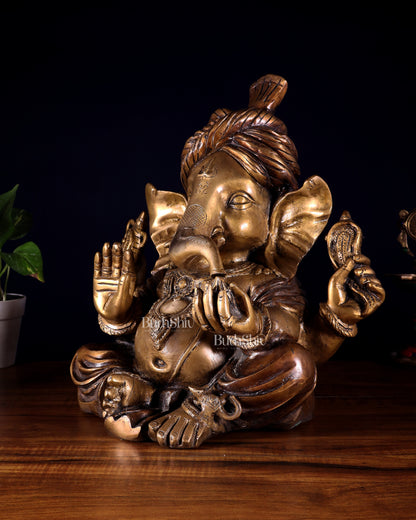 Brass Ganesha vintage statue wearing a turban idol 14"