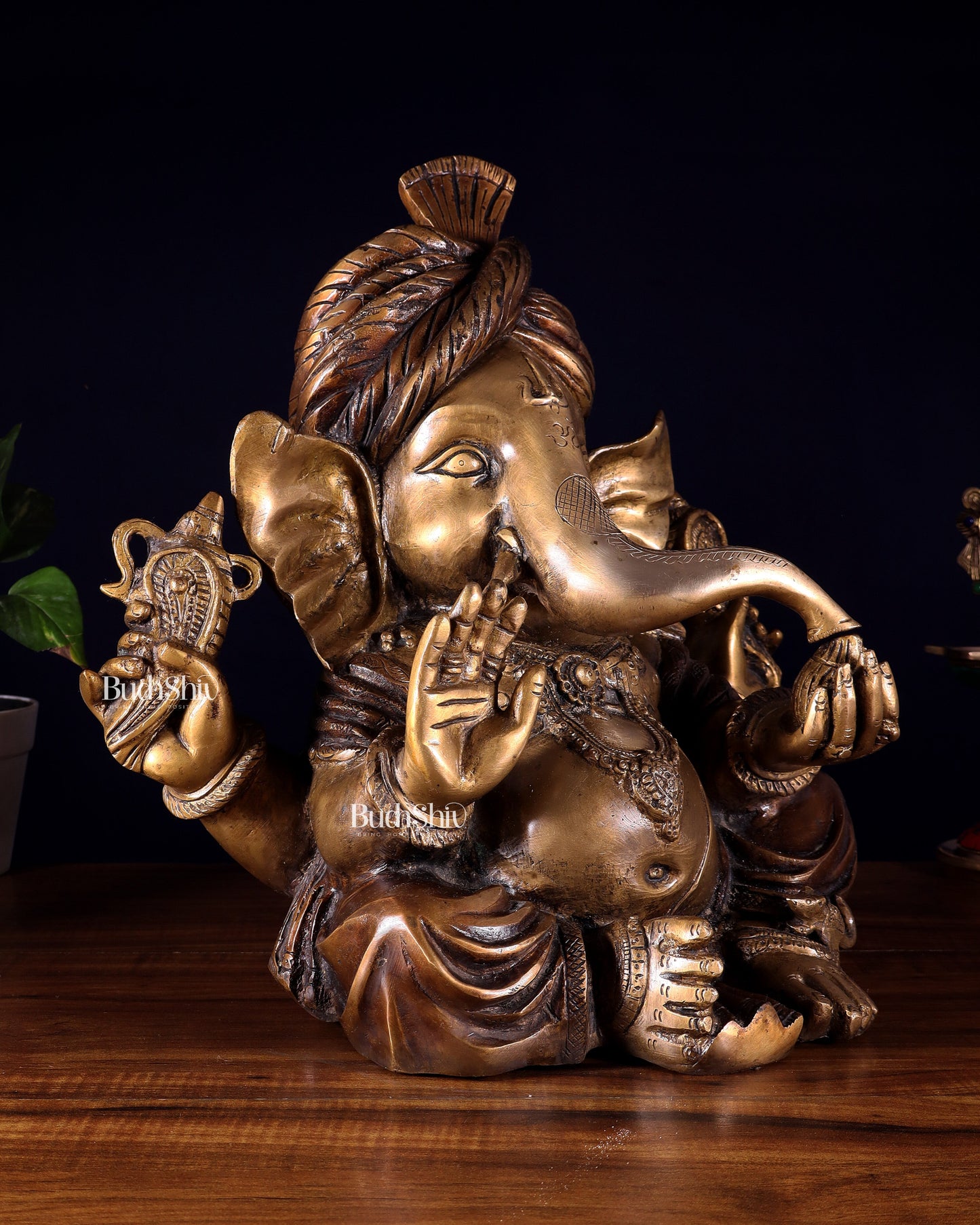 Brass Ganesha vintage statue wearing a turban idol 14"